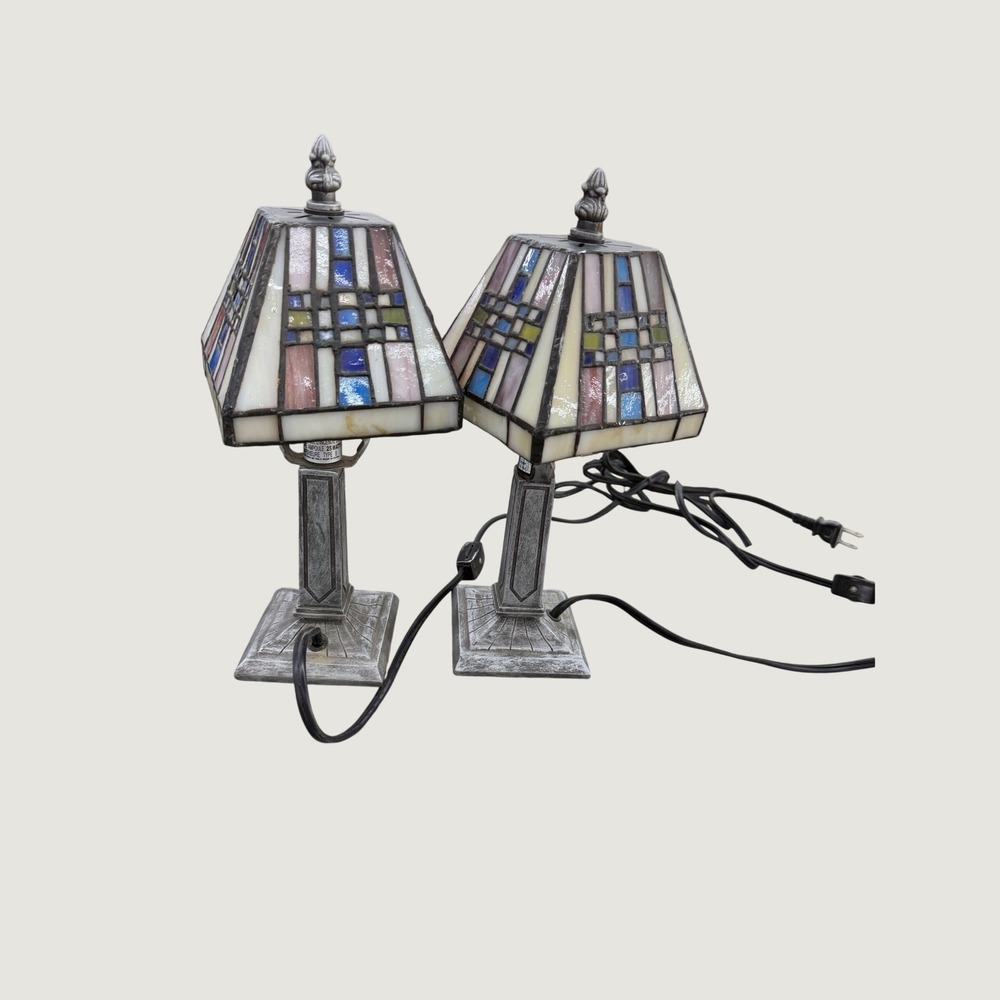 Pair Vintage Mission Style Stained Glass Table Lamps Geometric Slag Glass Silver
